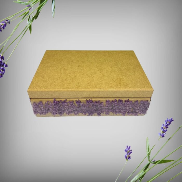 Closed view of a personalized wooden flower box with lavender decorations, showcasing its natural wood finish. Contains an artificial white rose and lavender inside, perfect for gifting by Sear Handcrafted Elegance.