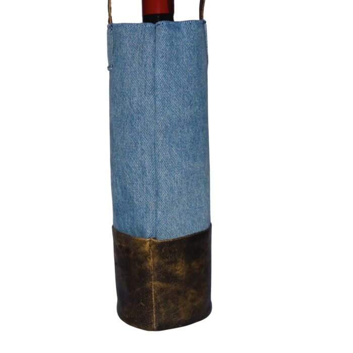 Back view of a handcrafted denim wine bag by Sear Handcrafted Elegance, holding a 750ml wine bottle. Features a rustic leather base and strap, showcasing durable denim. Perfect for wine lovers and gifting.