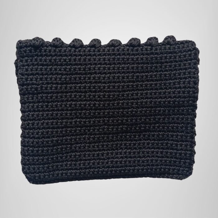 Sear Handcrafted Elegance brand handmade leopard print black crochet clutch bag, back view. Features a fully crocheted black exterior, highlighting the intricate craftsmanship.