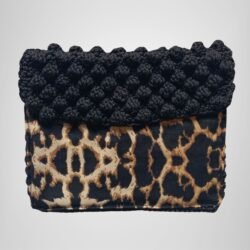 Sear Handcrafted Elegance brand handmade leopard print black crochet clutch bag, front view. Elegant and stylish design, perfect accessory for daily use or special occasions.