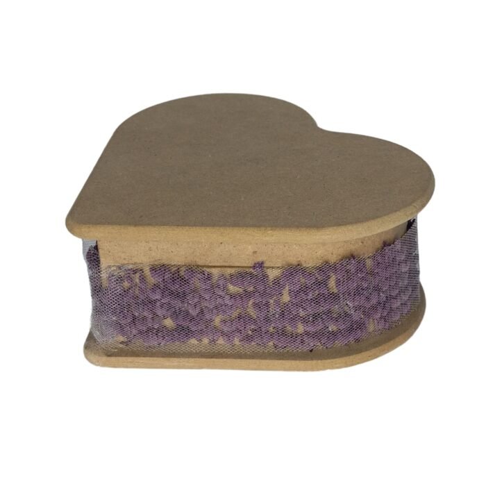 Side view of a heart-shaped wooden box with an artificial white rose and real lavender flowers, showcasing its elegant design and natural fragrance.