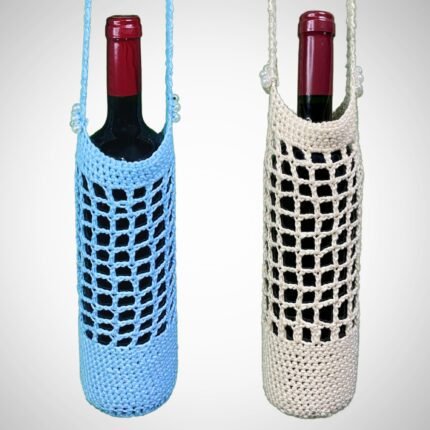 Blue and beige handmade crochet wine bottle bag, made from certified organic cotton by Sear Handcrafted Elegance. Elegant and eco-friendly design, perfect for gifting wine.