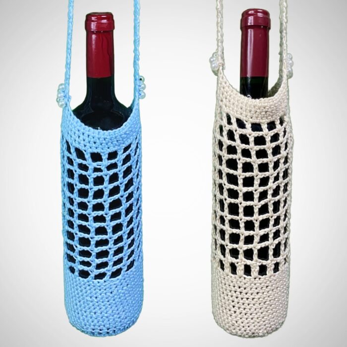 Blue and beige handmade crochet wine bottle bag, made from certified organic cotton by Sear Handcrafted Elegance. Elegant and eco-friendly design, perfect for gifting wine.