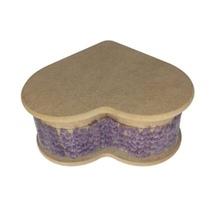 Top view of a heart-shaped wooden box featuring an artificial white rose and real lavender, a thoughtful gift for loved ones.