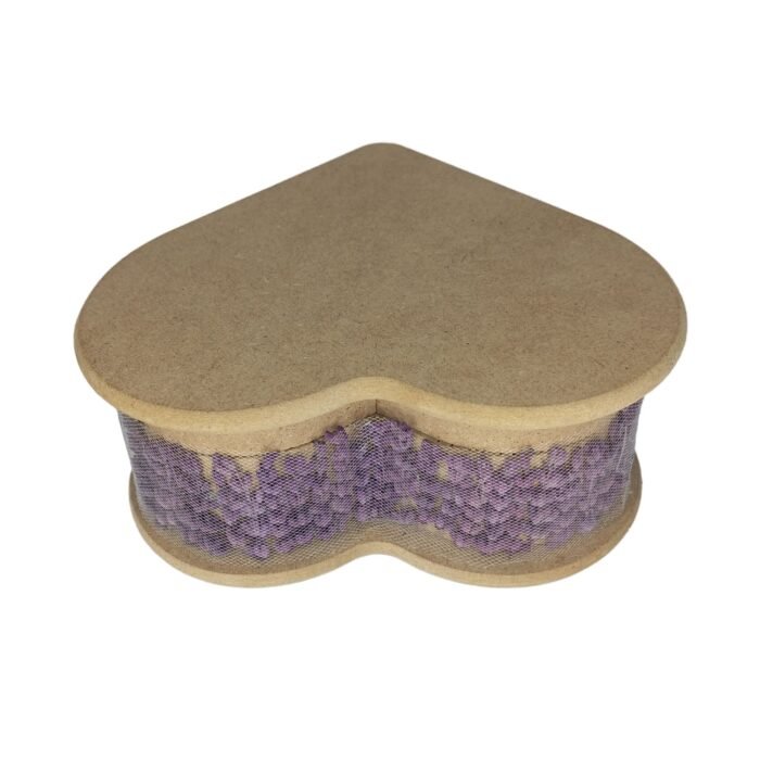 Top view of a heart-shaped wooden box featuring an artificial white rose and real lavender, a thoughtful gift for loved ones.