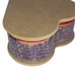 Closed heart-shaped wooden box with a red ribbon and lace, featuring an everlasting red rose and lavender, perfect for a romantic gift.