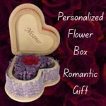 Heart-shaped wooden box with an everlasting red rose and real lavender, personalized with "Nisamur" on the lid, perfect for a romantic gift.