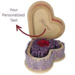 Heart-shaped wooden box with a red ribbon and lace, featuring an everlasting red rose and lavender, with "Your Personalized Text" on the side.