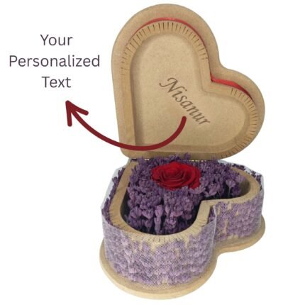 Heart-shaped wooden box with a red ribbon and lace, featuring an everlasting red rose and lavender, with "Your Personalized Text" on the side.