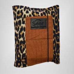 Leopard print book organizer bag with brown fabric pockets and Sear Handcrafted Elegance brand label, front view.