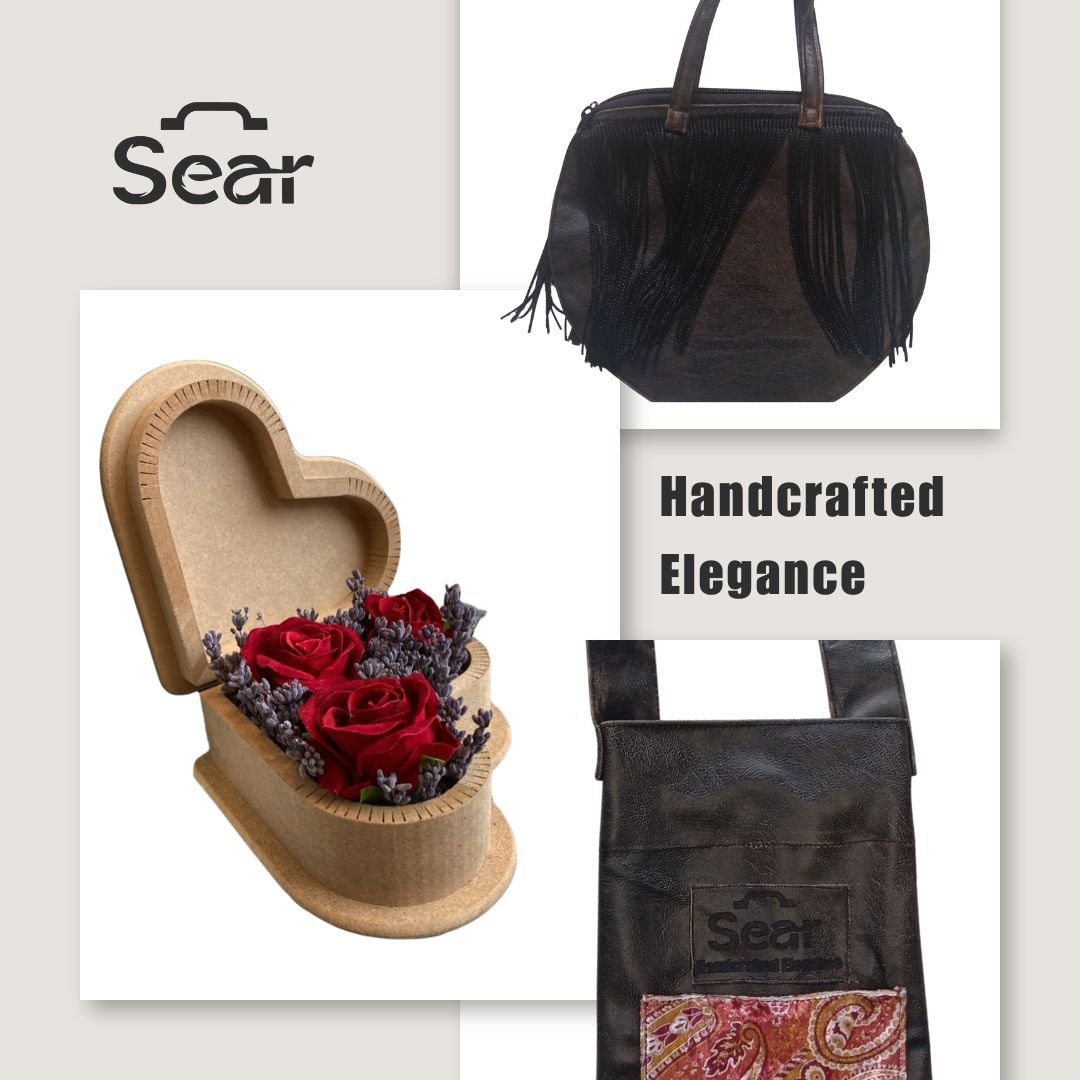Sear About Us: A collage showcasing handmade bags blending elegance and durability.