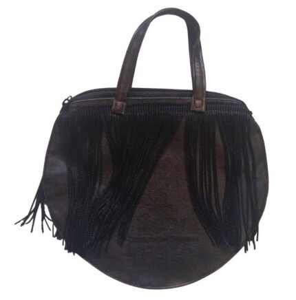Handcrafted luxury handbag from Sear Handcrafted Elegance, featuring a round brown leather design with long black fringes and a sturdy handle, perfect for a chic and timeless look.