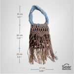 A handmade macrame handbag by Sear Handcrafted Elegance with dimensions marked (15 cm handle height, 20 cm bag height, 15 cm fringe length, 17 cm width), featuring beige macrame weaving, a blue handle, and a leopard print linen base.