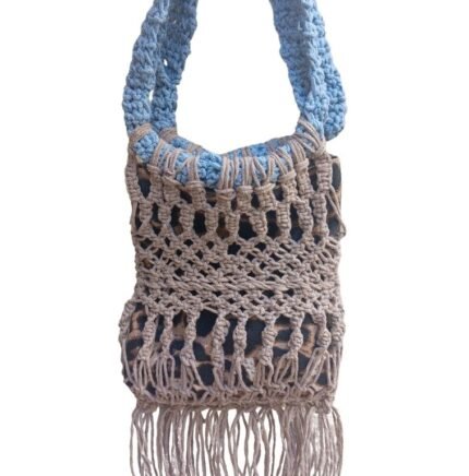 Handcrafted macrame handbag from Sear Handcrafted Elegance, featuring a beige woven design with blue handles, leopard print lining, and fringe details, ideal for a boho-chic style.