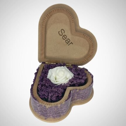 Heart-shaped wooden box with an artificial white rose and real lavender flowers, perfect for romantic gifts and personalized messages.