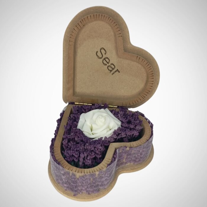 Heart-shaped wooden box with an artificial white rose and real lavender flowers, perfect for romantic gifts and personalized messages.